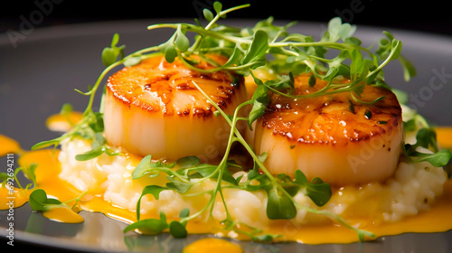 Beautifully presented dish of seared scallops on a bed of mashed potatoes garnished with microgreens on a dark background 
