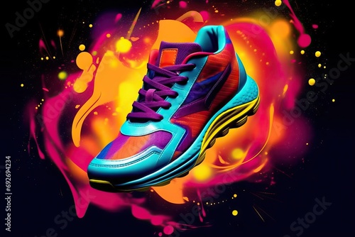 Created desigh Banner concept fashion footwear Sport background dark sneakers colorful bright Creative sneaker shoe abstract graphic art design background expression gital poster drawing