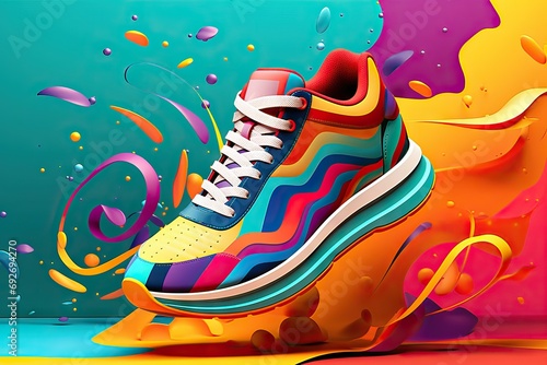 Created design Banner concept fashion footwear Sport background abstract sneakers colorful bright Creative sneaker shoe graphic art design background expression gital poster drawing technology photo