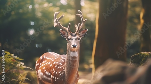 Closeup single sika female deer (Cervus nippon), Japanese deer looking at camera, wild life animals photo