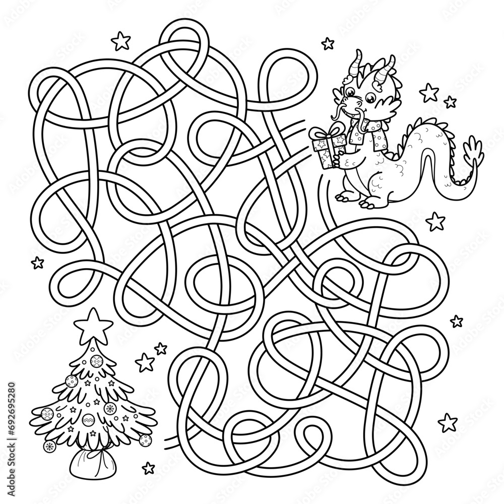 Outline maze educational game for children. Labyrinth puzzle. Help Dragon of Chinese New Year 2024 find way to Christmas tree. Winter holiday activity book for preschool and school kids. Vector design