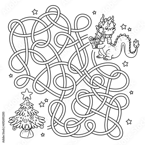 Outline maze educational game for children. Labyrinth puzzle. Help Dragon of Chinese New Year 2024 find way to Christmas tree. Winter holiday activity book for preschool and school kids. Vector design