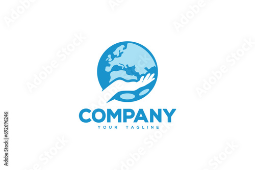 Creative logo design depicting planet earth with a hand holding it.	
