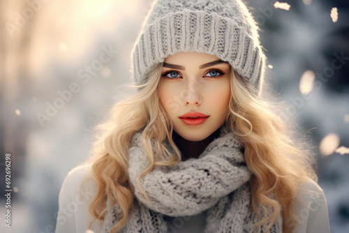 Beautiful woman in a knitted hat and scarf against a snowy landscape background.	