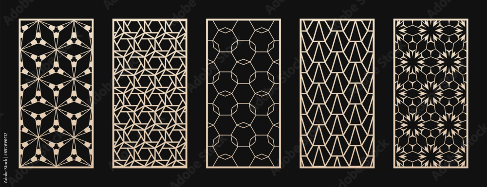 Vector panels for laser cut, CNC cutting. Cutout silhouette with abstract geometric pattern, grid, lattice, hexagon. Modern decorative stencil for wood, metal. Aspect ratio 1:2. Minimalist geo design Vector panels for laser cut, CNC cutting. Cutout silhouette with abstract geometric pattern, grid, lattice, hexagon. Modern decorative stencil for wood, metal. Aspect ratio 1:2. Minimalist geo design
