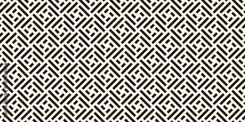 Vector abstract geometric seamless pattern. Stylish ornament with lines, squares, diagonal grid, repeat tiles. Simple black and white texture. Modern geometrical background. Repeated trendy design