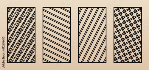 Laser cut panel set. Collection of vector abstract geometric patterns with diagonal lines, stripes, grid, lattice. Modern decorative stencil for CNC cutting of wood, metal, plastic. Aspect ratio 1:2