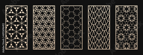 Vector panels for laser cut, CNC cutting. Cutout silhouette with abstract geometric pattern, grid, lattice, hexagon. Modern decorative stencil for wood, metal. Aspect ratio 1:2. Minimalist geo design