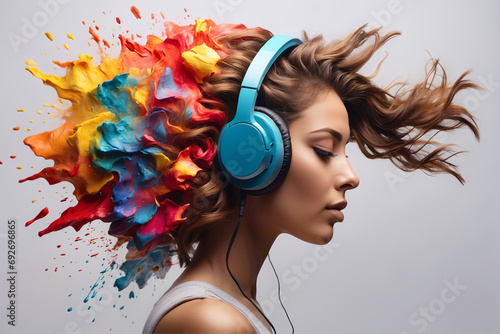 Creative music background. Beautiful young woman listening to music with headphones and colorful splashes. Generated with AI
