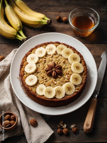 Homemade fruit banana and hazelnut cake in a baking dish, vintage knife and maple syrup in a white bowl on the rustic wooden table, top view