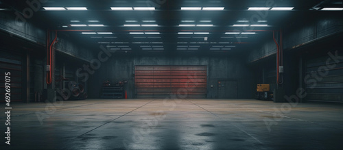 Empty underground parking or warehouse interior with concrete floor and spotlights. Generative AI photo