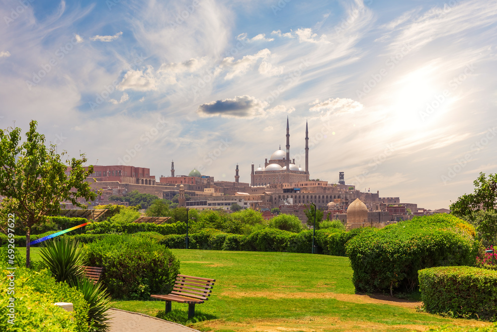 The Muhammad Ali Mosque or Alabaster Mosque on the hill by the main park of Cairo, Egypt