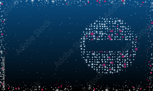 On the right is the no entry road symbol filled with white dots. Pointillism style. Abstract futuristic frame of dots and circles. Some dots is pink. Vector illustration on blue background with stars