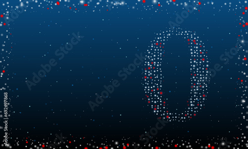 On the right is the number zero symbol filled with white dots. Pointillism style. Abstract futuristic frame of dots and circles. Some dots is red. Vector illustration on blue background with stars
