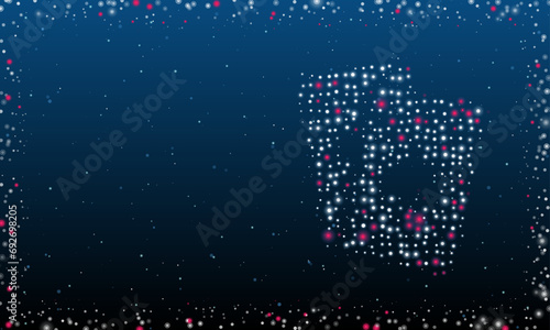 On the right is the two aces symbol filled with white dots. Pointillism style. Abstract futuristic frame of dots and circles. Some dots is pink. Vector illustration on blue background with stars