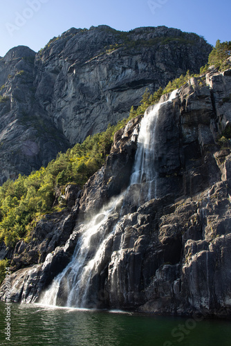Hengjane waterfall in the Fjord of Light or Lysefjord  Stavanger  Norway