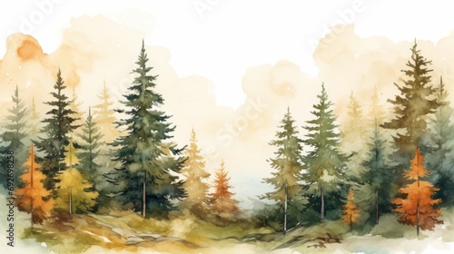 Watercolor forest with coniferous trees. Hand-drawn illustration Generative AI