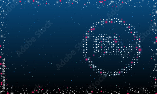 On the right is the truck traffic symbol filled with white dots. Pointillism style. Abstract futuristic frame of dots and circles. Some dots is pink. Vector illustration on blue background with stars