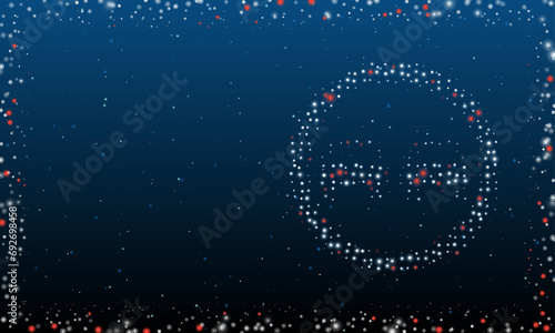 On the right is the no overtaking symbol filled with white dots. Pointillism style. Abstract futuristic frame of dots and circles. Some dots is red. Vector illustration on blue background with stars