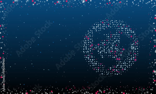 On the right is the roundabout symbol filled with white dots. Pointillism style. Abstract futuristic frame of dots and circles. Some dots is pink. Vector illustration on blue background with stars