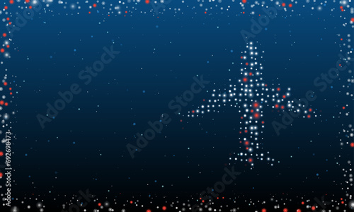 On the right is the airplane symbol filled with white dots. Pointillism style. Abstract futuristic frame of dots and circles. Some dots is red. Vector illustration on blue background with stars