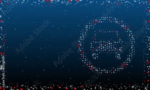 On the right is the no car symbol filled with white dots. Pointillism style. Abstract futuristic frame of dots and circles. Some dots is red. Vector illustration on blue background with stars
