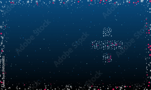 On the right is the division symbol filled with white dots. Pointillism style. Abstract futuristic frame of dots and circles. Some dots is pink. Vector illustration on blue background with stars