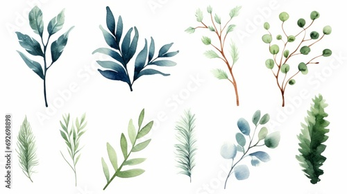 Watercolor set of eucalyptus branches  leaves and branches. Hand drawn illustration. Generative AI