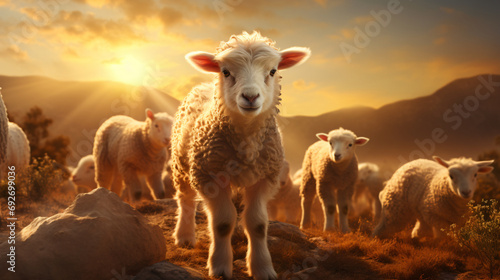sheep cross, Flock sheep, sunset background photo