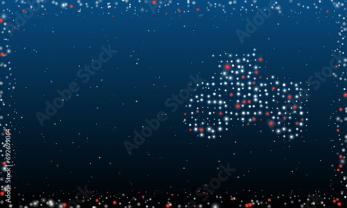On the right is the tractor symbol filled with white dots. Pointillism style. Abstract futuristic frame of dots and circles. Some dots is red. Vector illustration on blue background with stars