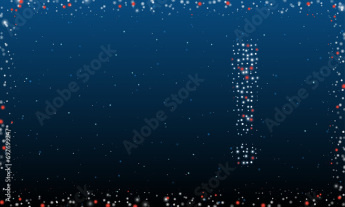 On the right is the exclamation symbol filled with white dots. Pointillism style. Abstract futuristic frame of dots and circles. Some dots is red. Vector illustration on blue background with stars