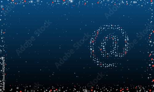 On the right is the at symbol filled with white dots. Pointillism style. Abstract futuristic frame of dots and circles. Some dots is red. Vector illustration on blue background with stars