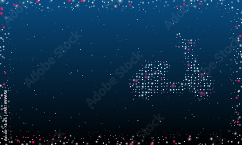 On the right is the scooter symbol filled with white dots. Pointillism style. Abstract futuristic frame of dots and circles. Some dots is pink. Vector illustration on blue background with stars