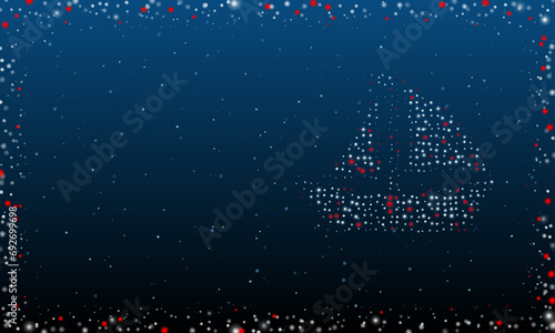 On the right is the sailing boat symbol filled with white dots. Pointillism style. Abstract futuristic frame of dots and circles. Some dots is red. Vector illustration on blue background with stars