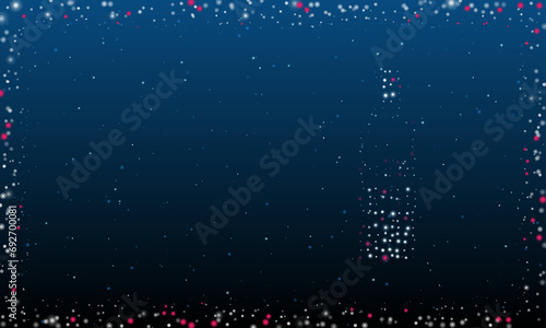 On the right is the the world in a bottle symbol filled with white dots. Abstract futuristic frame of dots and circles. Vector illustration on blue background with stars