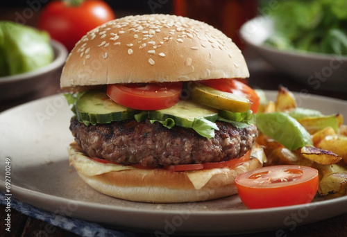 In this image, a tasty hamburger is presented on a plate, accompanied by fresh and bright vegetables. A juicy burger expertly prepared with layers of juicy meat, cheese and seasonings.