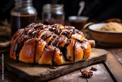 A loaf of Cozonac, a traditional Romanian sweet bread, filled with cocoa and walnuts, ready to be enjoyed photo