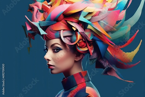 image hat colorful wearing hair woman colourful h adult fashion multi coloured 1 person portrait man human face creativity beauty young feather closeup colours fun glamour blue coiffure elegance