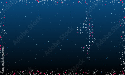 On the right is the enchantress symbol filled with white dots. Pointillism style. Abstract futuristic frame of dots and circles. Some dots is pink. Vector illustration on blue background with stars