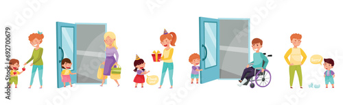 Polite Children Character with Courteous Behavior in Different Situation Vector Set