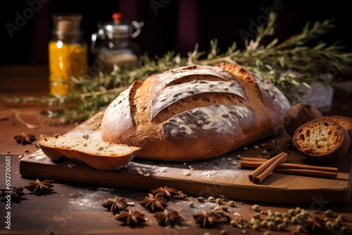 Aromatic Pain d'epices loaf, a French delicacy, showcased amidst its constituent spices on a vintage wooden surface