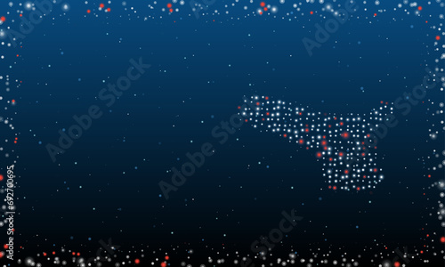 On the right is the angle grinder symbol filled with white dots. Pointillism style. Abstract futuristic frame of dots and circles. Some dots is red. Vector illustration on blue background with stars