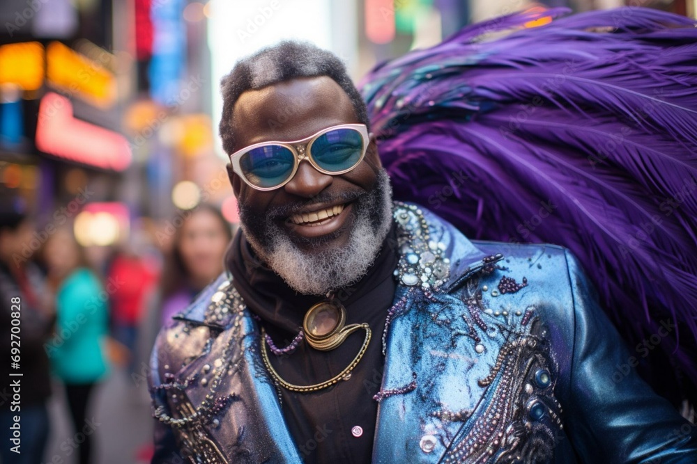 A man with a peacock tail and glasses with purple lenses walks down the street, smiles and dances. Generative AI A man with a peacock tail and glasses with purple lenses walks down the street, smiles and dances. Generative AI