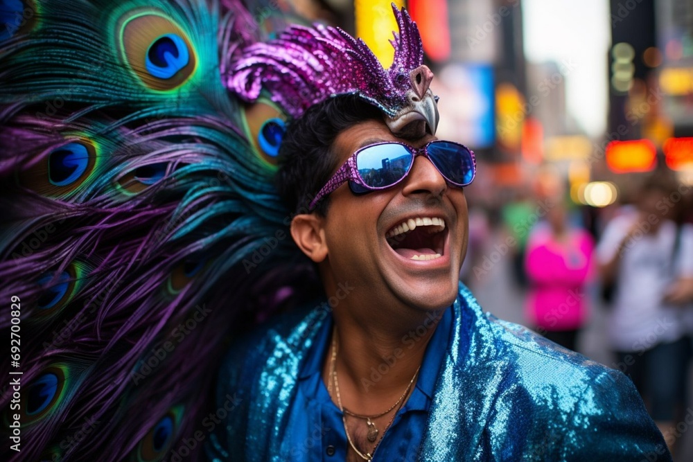 A man with a peacock tail and glasses with purple lenses walks down the street, smiles and dances. Generative AI A man with a peacock tail and glasses with purple lenses walks down the street, smiles and dances. Generative AI
