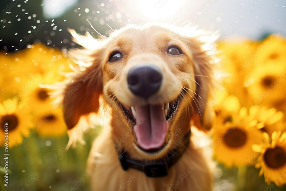 Portrait of a red dog on a field with sunflowers. Smiling dogs. Sunny day. Generative AI