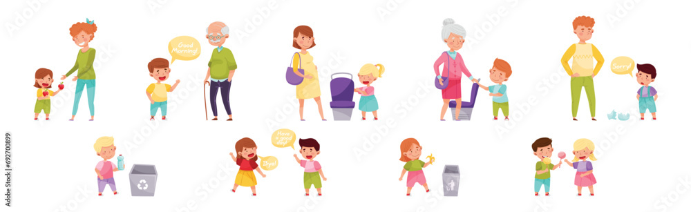 Polite Children Character with Courteous Behavior in Different Situation Vector Set Polite Children Character with Courteous Behavior in Different Situation Vector Set