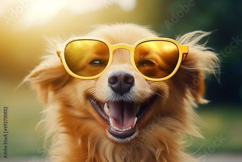 Portrait of a red dog in yellow sunglasses. Smiling dogs. Sunny day. Generative AI © Sarbinaz Mustafina