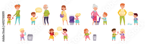 Polite Children Character with Courteous Behavior in Different Situation Vector Set photo