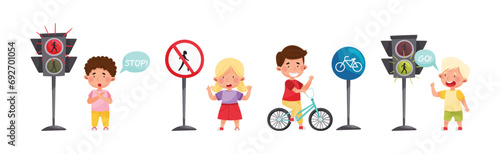 Cute Boy and Girl Child Learning Rules of Road and Traffic Education Vector Set