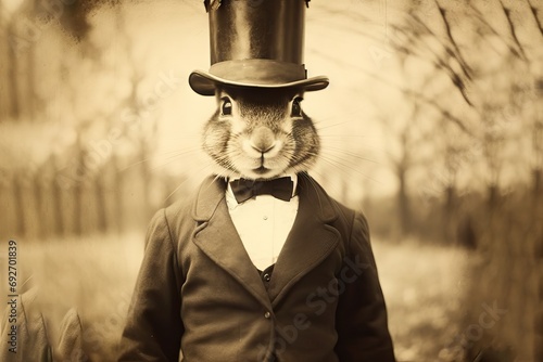 | H Top Suit Gentleman Dressed Rabbit Photo Antique  animal old classic retro silk surreal funny abstract weird person costume clothes wearing wild fauna fancy attaching cane posh
